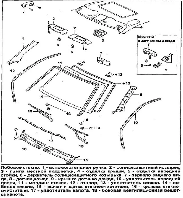 Все элементы ветрового стекла Тойота Авенсис 2