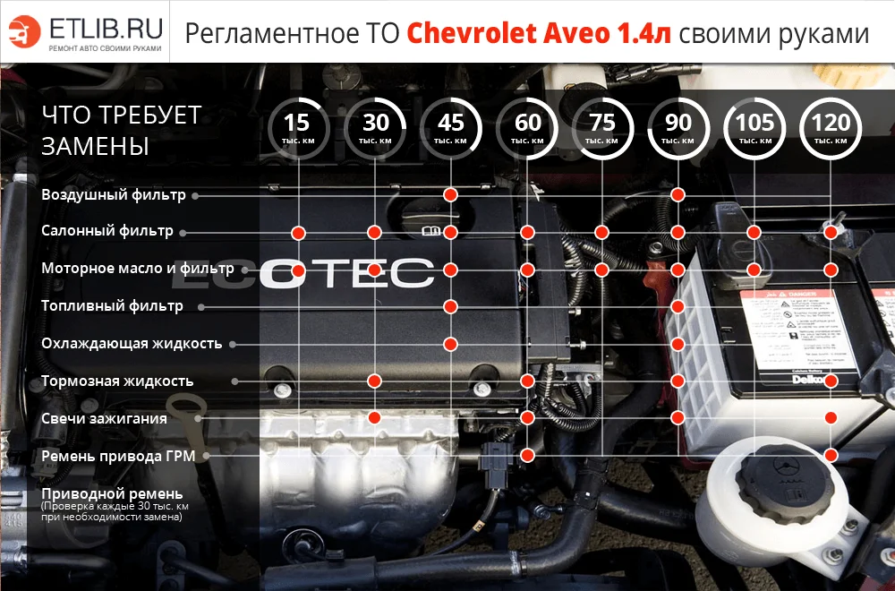Список работ и периодичность замены при регламентном ТО на Chevrolet Aveo 1.4 Регламент ТО Шевроле Авео 1.4. Периодичность технического обслуживания Chevrolet Aveo 1.4