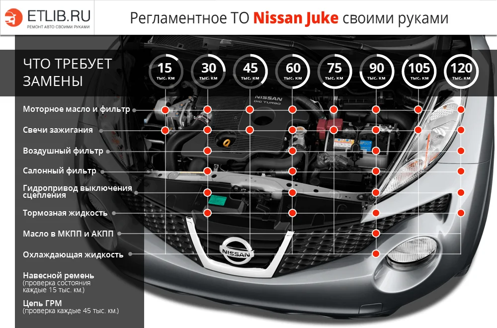 Список работ и периодичность замены при регламентном ТО на Nissan Juke Регламент ТО Ниссан Жук. Периодичность технического обслуживания Nissan Juke