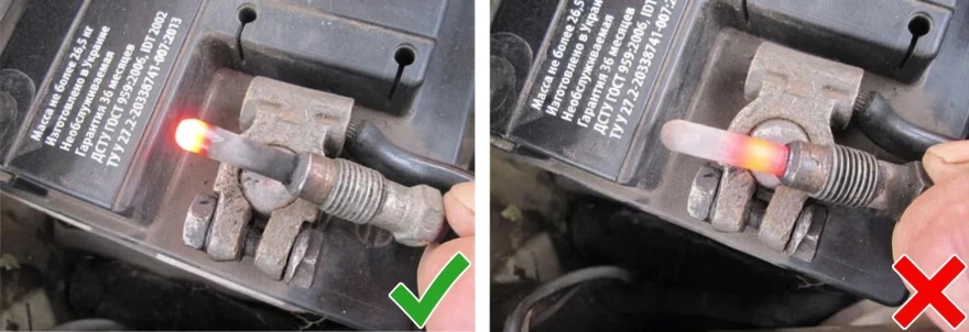 Проверка свечей накала аккумулятором на нагрев