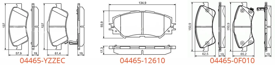 Различия передних колодок для Тойота Королла E140 и E150 Передние тормозные колодки 04465_12610, 04465_YZZEC и 04465_0F010 для Тойота Королла
