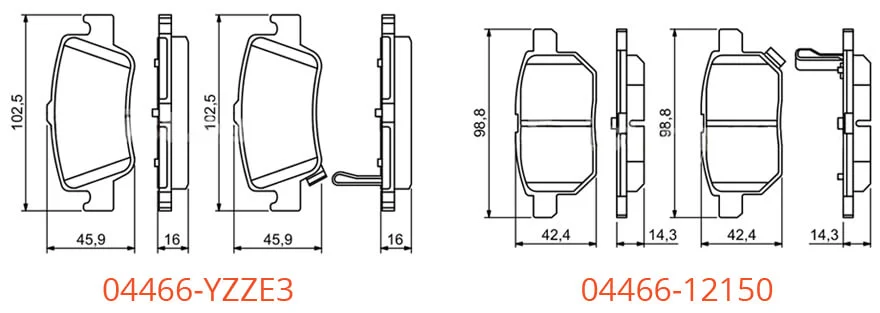 Различия задних колодок для Тойота Королла E140 и E160 Задние тормозные колодки 04466_12150 и 04466_YZZE3 для Тойота Королла