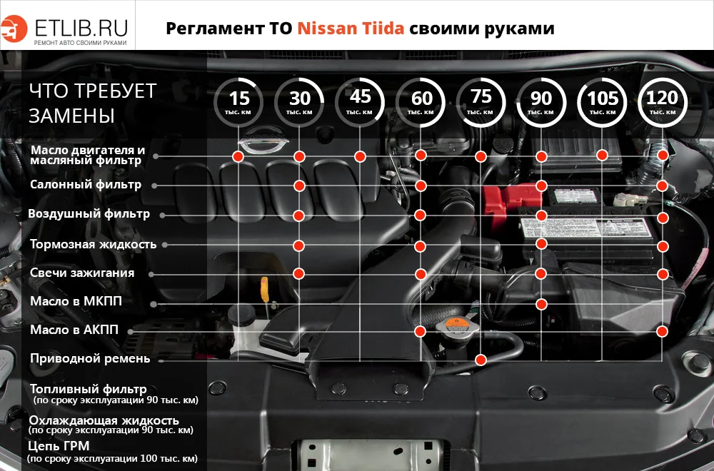 Регламент ТО Ниссан Тиида. Периодичность технического обслуживания Nissan Tiida