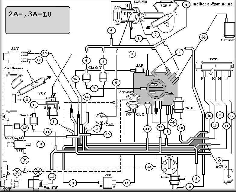 Схемы вакуумных линий карбюраторов 2A 3A-lu соединения вакуумных шлангов карбюратора двиг. 2A 3A-lu