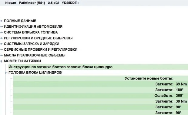 Момент затяжки ГБЦ Nissan Pathfinder