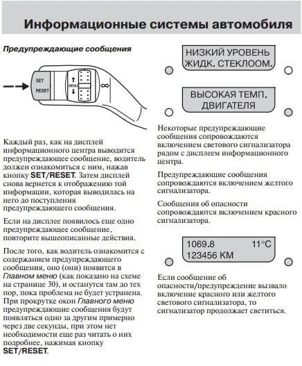 Предупреждающие сообщения на панели ФФ2